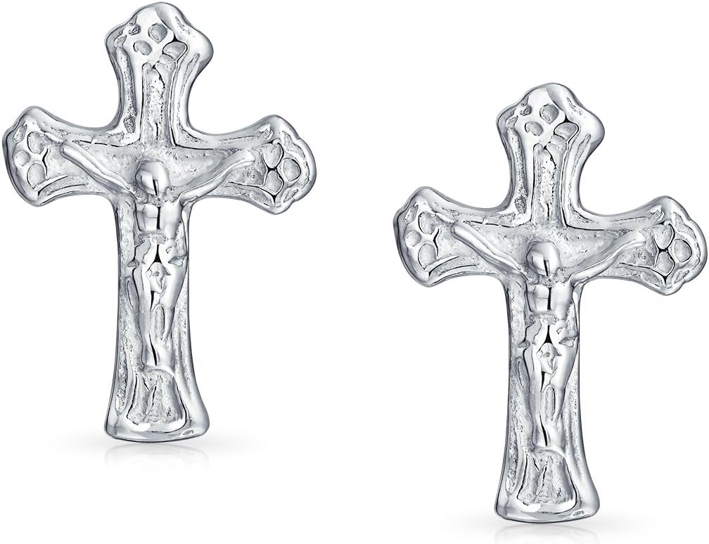 Bling Jewelry .925 Sterling Silver Religious Tiny Crucifix Cross Stud Earrings For Women Men Communion Gift