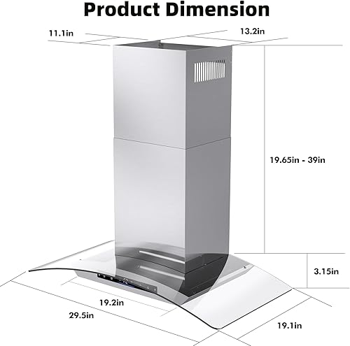 Miniatura 6 de Campana extractora de montaje en pared de 30 pulgadas 900 CFM con conductossin conductos convertible, ventilación de chimenea de cocina de acero