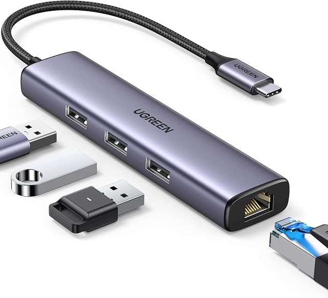 UGREEN USB C Hub with Ethernet Adapter Driver Free, Aluminum 1Gbps USB C to Ethernet Adapter with 3 USB 3.0 Ports USB Hub, Compatible with MacBook Pro, Steam Deck, Switch, Hard Drive, Keyboard, Mouse