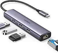UGREEN Adaptador USB C para Ethernet, 4 em 1 USB C Hub Ethernet com 3 portas USB 3.0/Gigabit Rj45, Plug & Play, Thunderbolt (3/4) para adaptador de rede para MacBook Pro/Air, XPS, iPad Pro, iP