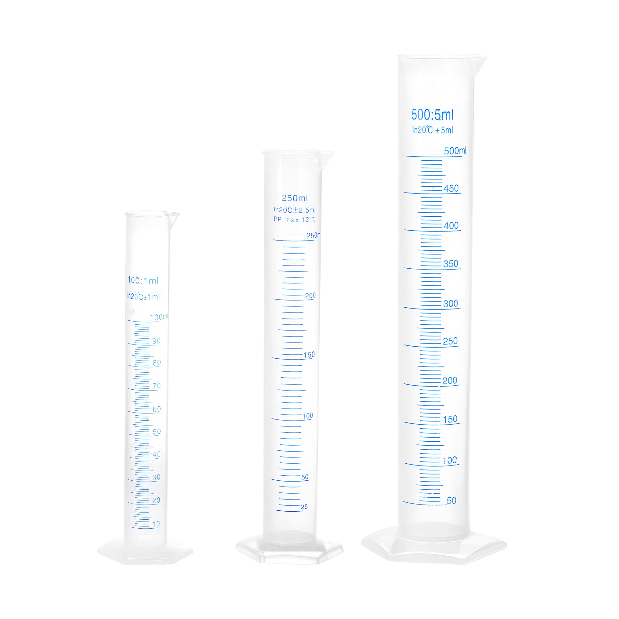 sourcing map Plástico Graduado Cilindro, 100ml 250ml 500ml Medición Cilindro, Doble Cara Métrico Marcado, Transparente Hexagonal Base, 3 En 1 Juego