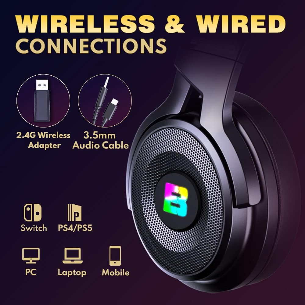 BENGOO 2.4G Wireless Gaming Headset Headphones with Microphone for PS4 PS5 PC, 3.5mm Wired Mode for Switch Xbox Controller, Noise Cancelling Over Ear with 7.1 Surround Sound, Up to 17 Hrs (Renewed)