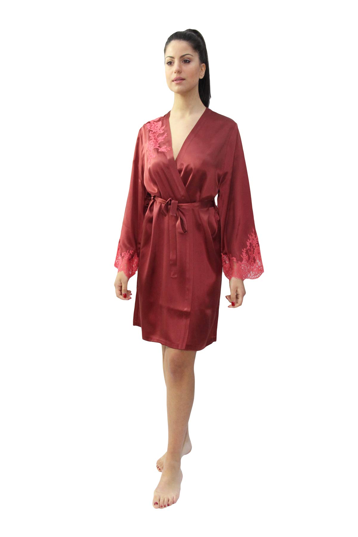MARJOLAINE Elegante Kimono in pura seta Con applicazione in Pizzo