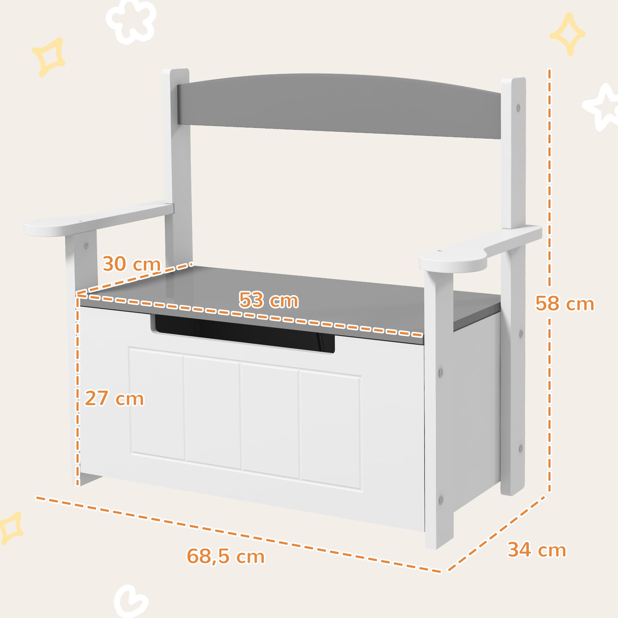 AIYAPLAY Coffre à Jouets pour Enfants 2 en 1 68,5L x 34l x 58H cm Gris | Banc, Meuble de Rangement et Assise, Dossier et Accoudoirs, Vérin Pneumatique