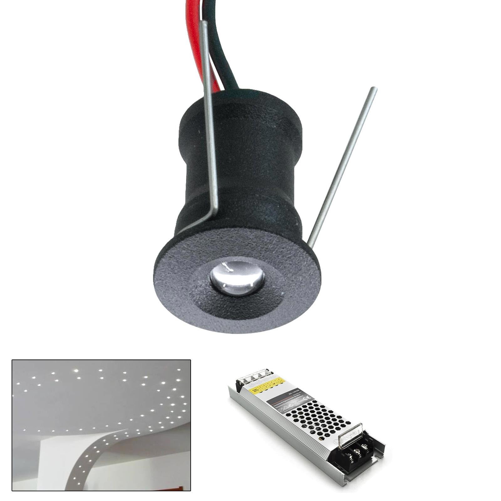 Spot LED Encastrable IP65 1W - 12V - Ciel étoilé - Blanc/Noir - Pour Salle De Bain, Extérieur, Camping-car