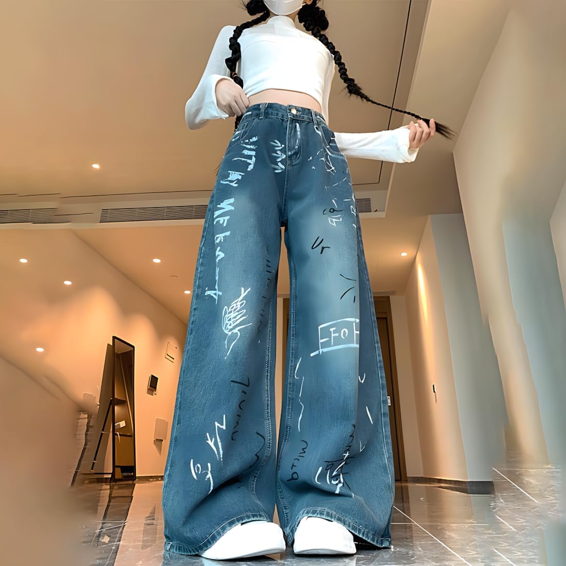 Y2K Gothic Vintage Grunge Casual Style High Waist Straight Wide Leg Doodle Print Denim Pants for Women - Image 3