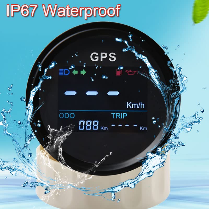 KAOLALI Digital GPS Speedometer being splashed with water, demonstrating its IP67 waterproof rating
