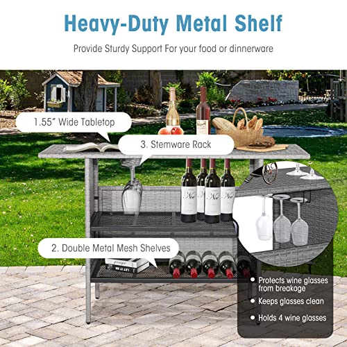 Tangkula-Outdoor-Wicker-Bar-Table-Patiojoy-All-Weather-Patio-Bar-Height-Table-with-2-Metal-Mesh-Shelves-2-Rail-Steel-Stemware-Racks-Rattan-Bar-Counter-Table-for-Backyard-Poolside-Mix-Grey Tangkula Outdoor Wicker Bar Table Patiojoy All Weather Patio Bar Height Table with 2 Metal Mesh Shelves 2 Rail Steel Stemware Racks Rattan Bar Counter Table for Backyard Poolside Mix Grey