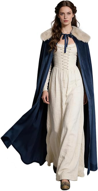 Renaissance Velvet Cape with Viking Fur Collar for Men Women Halloween Cosplay