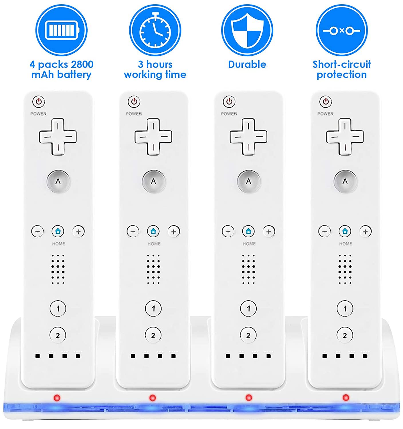 SANON Stazione di Ricarica per Controller Wii, 4 Dock di Ricarica Dock Station per Caricatore Remoto Wii con 4 Batterie Ricaricabili da 2800mAh & indicatori LED, Bianca