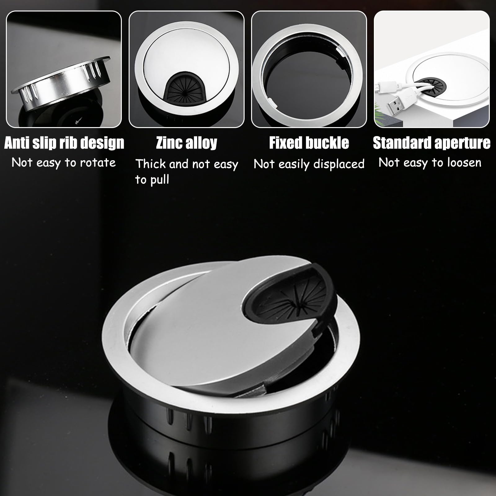 4PCS Desk Grommet 60mm,Plastic Desk Cable Grommets,Wire Organizer Caps,Silver Desktop Cable Fixing Cap,Desktop Wire Management Organiser,for Home,Office,TV Cabinet,DataCable Storage Hole Cover - Image 2