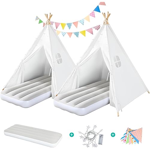 2 Pack Teepee Tent for Kids with Inflatable Airbed, Light, Indoor Toddler Sleepover Tents Children Room Tents for Slumber Party, Outdoor Kids Play Tent Play House for Girls & Boys