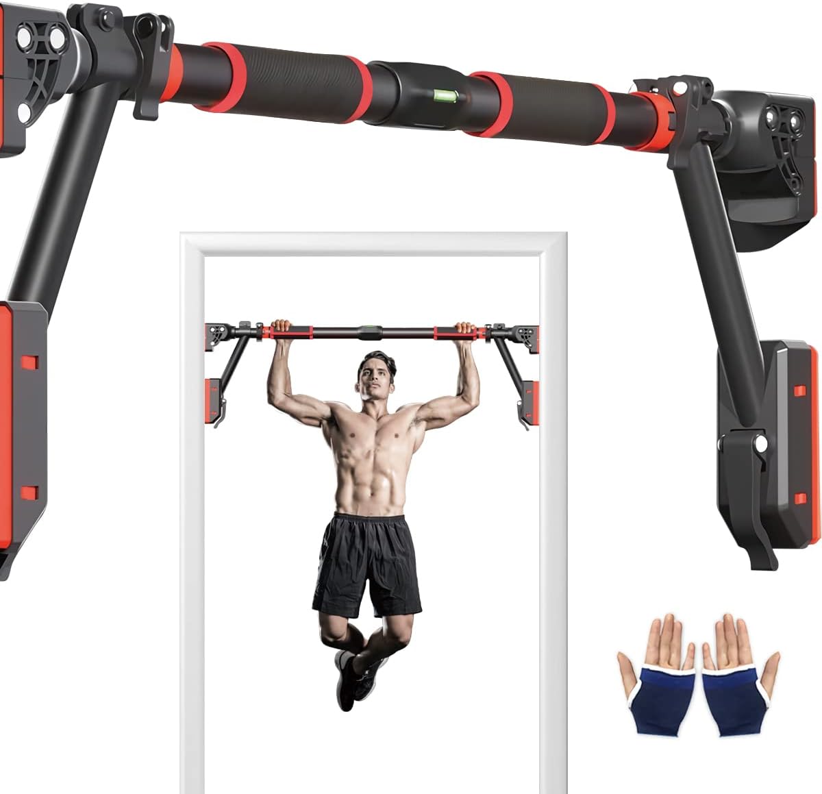Pull Up Bar Doorway, Door Frame Chin Up Bar with Locking Adjustable Width Upper Body Workout with Level Meter No Screw Wall Mounted Gym Trainer Non-Slip Door Exercise Equipment for Home Fitness Sports
