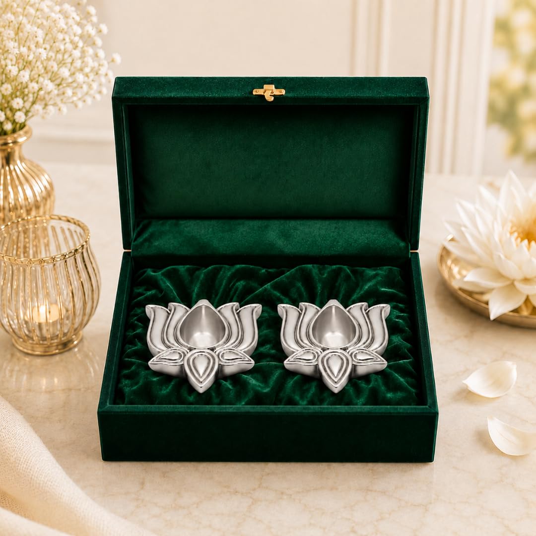 Dev Aastha 999 Pure Silver Plated Lotus Diyas | Set of 2 Diyas | Auspicious Diwali & Festive Decor for Home Temple & Mandir | Handcrafted Pooja Items & Traditional Gifting Choice-image-9