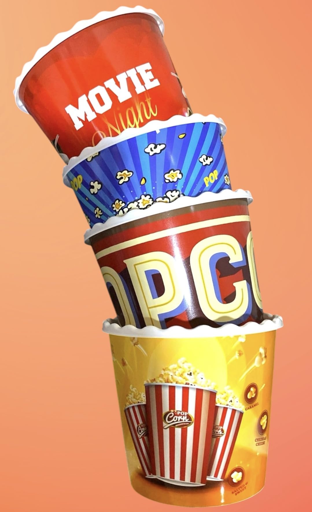 Juego de caja de plástico reutilizable para palomitas de maíz, recipientes para palomitas de maíz, cuencos para noche de cine (sin BPA, paquete de 4, 75 onzas), mezcla de palomitas de maíz
