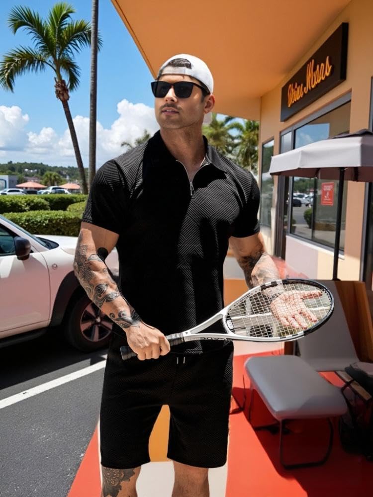 Mens Summer Short Sets Outfits Fashion Zip Polo Shirt and Shorts 2 Piece Set Casual Tracksuit for Golf Vacation - Image 2