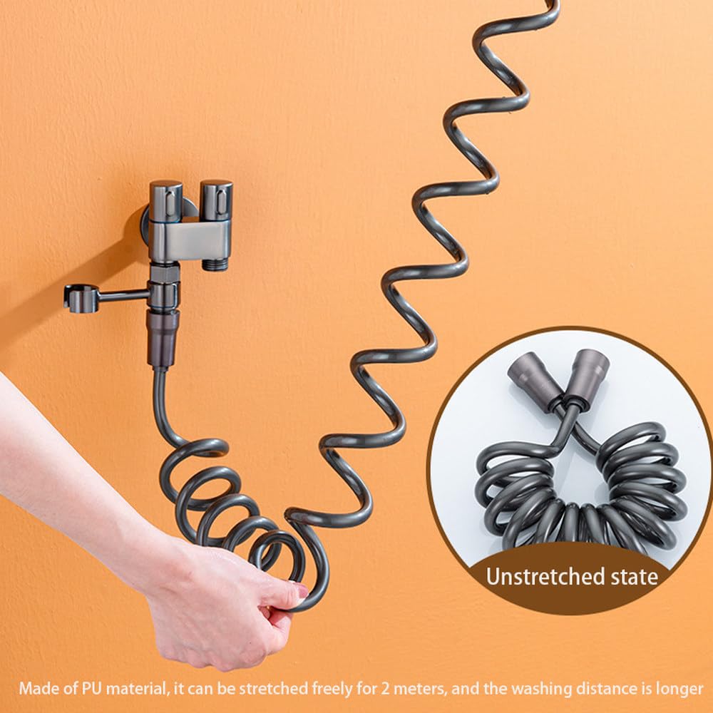 Juego de rociador de bidé para inodoro con válvula angular de aleación de zinc para montaje en pared, limpieza de agua de una entrada y dos salidas para accesorios de baño, juego plateado, como se mu