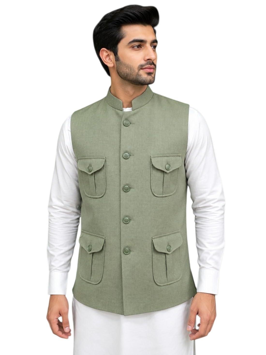Men's Nehru Jacket Waistcoat, Sleeveless, Four Pocket Design, Mandarin Collar, Button Front-picture-29