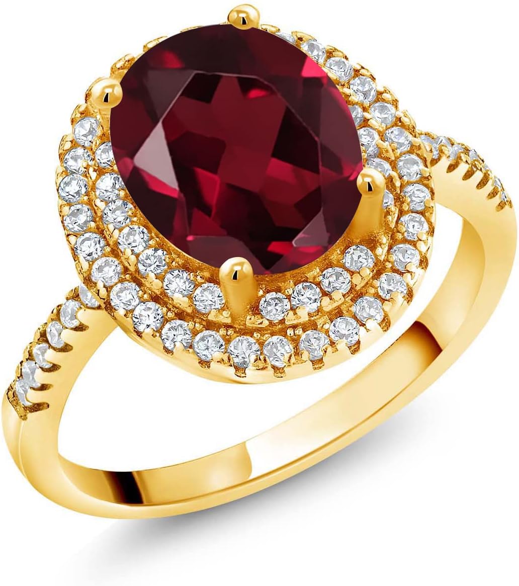 Gem Stone King 18K Yellow Gold Plated Silver Halo Engagement Ring Oval Red Rhodolite Garnet and Moissanite (2.43 Cttw)