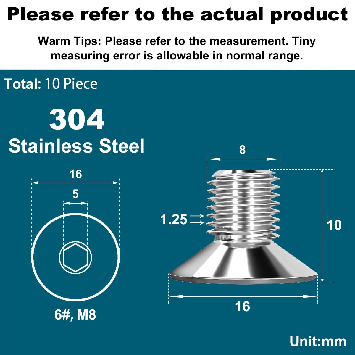 Drenky M8 X 10mm Stainless Steel M8 Countersunk Bolts, 10 Pcs Hex Socket, DIN 7991 / ISO 10642, Machine Screws Rustproof - Image 2