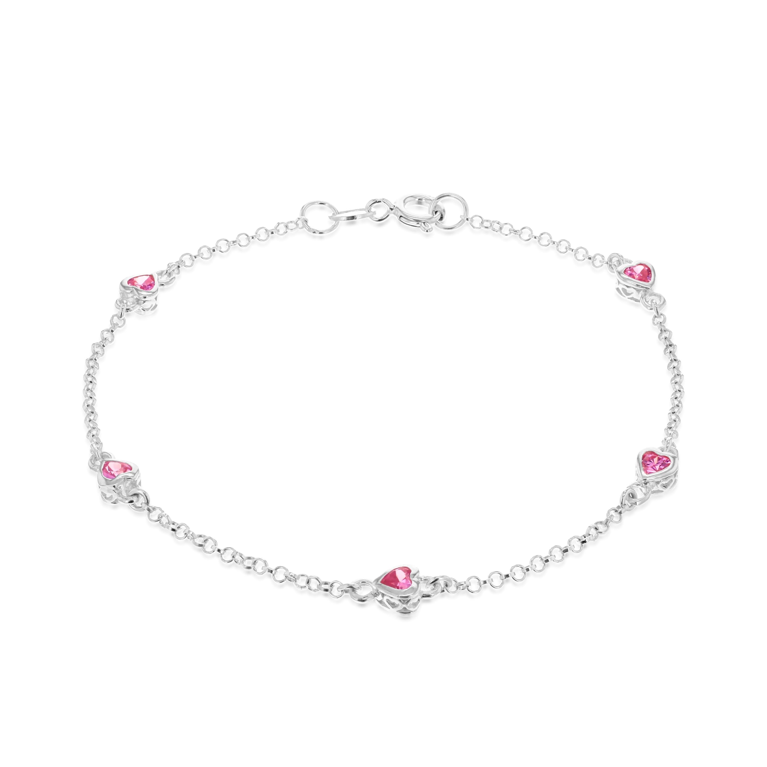 Amazon Essentials Sterling Silver Pink CZ Heart Bracelet 19cm/7.5"