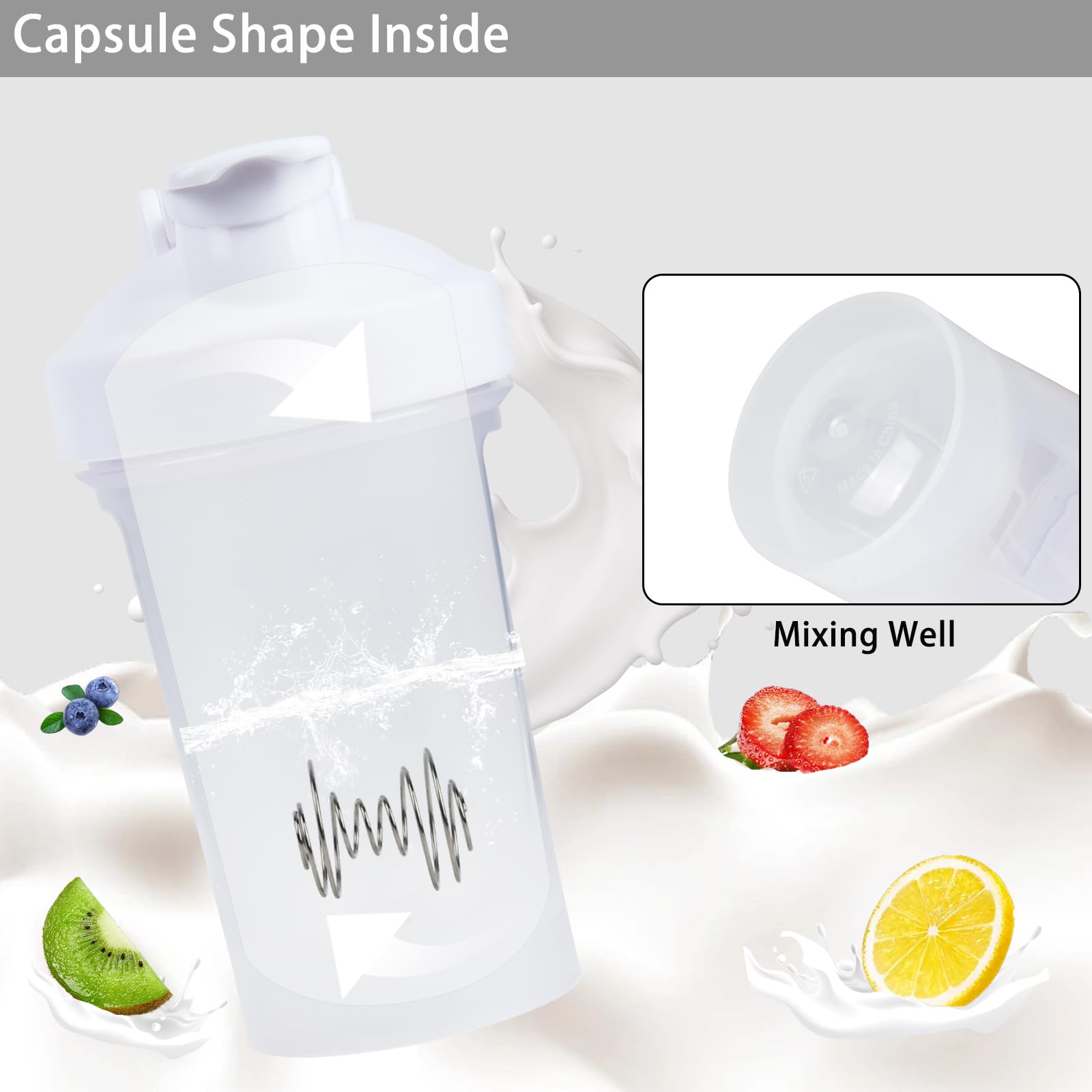 Botella mezcladora, botella pequeña de 400 ml con bola mezcladora, portátil de 14 onzas para gimnasio, para entrenamiento, sin BPA, 100 % a prueba de fugas, apta para lavavajillas (blanco)