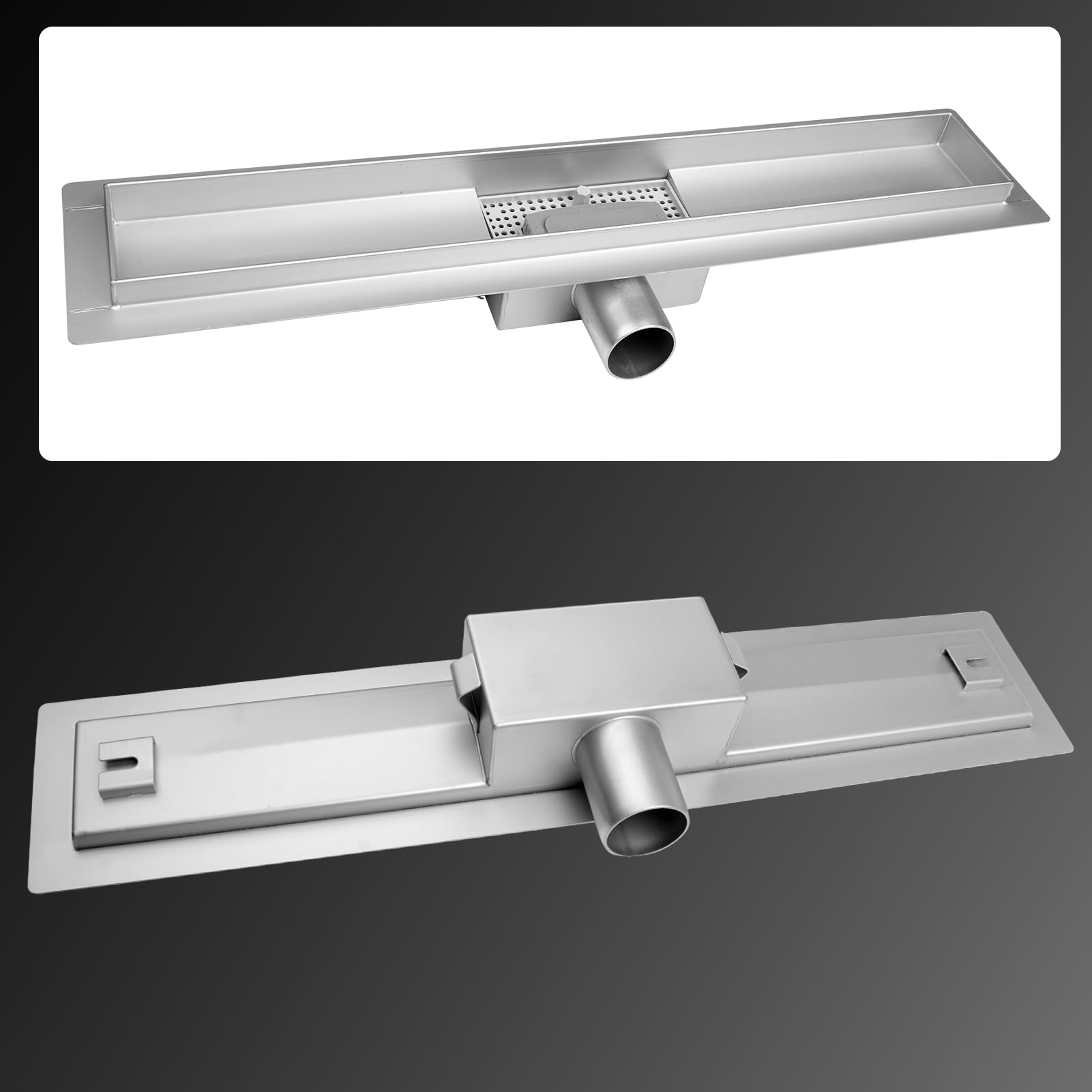 Caniveau de Douche 50 cm, 2 en 1 Caniveau Douche Italienne Extra Plate,Acier INOX, Avec Siphon à Bloqueur D'odeurs et Filtre à Cheveux,Drainage Rapide
