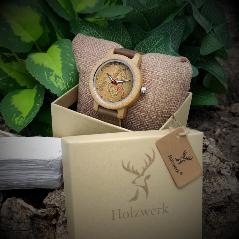 Holzwerk Germany Mädchen-Uhr Jungen-Uhr Kinderuhr Öko Natur Holz-Uhr Leder Armband-Uhr Analog Klassisch Quarz-Uhr Kinder Uhr mit Pferde Pony Motiv in Rot Schwarz Blau Türkis Braun