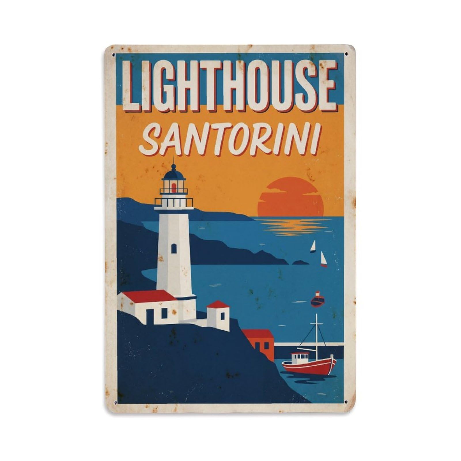 Este 8X12inch Style Vintage Travel Lighthouse Santorini Coast Metal Tin Sign