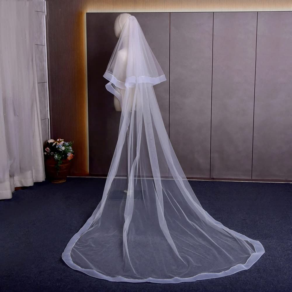 Nozze Long Wedding Veil Cathedral Length Veil 2 Tier Sparking Bride Veil with Blusher Rhinestone Edge Veiled Collection (Color : Ivory, Size : 200cm)
