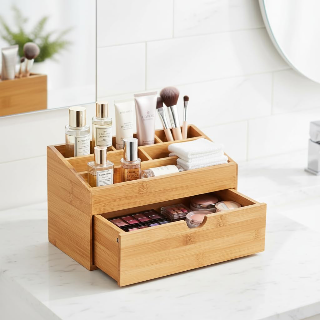 hausleben Organisateur de Bureau en Bambou avec Tiroir | Porte-Stylos et Organiseur de Bureau à 6 Compartiments, Rangement de Bureau pour Bureau & Télétravail, 24,5 x 13 x 15 cm