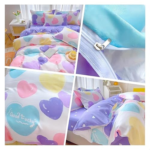 Miniatura 10 de Juego de funda de edredón de 3 piezas de arcoíris, juego de ropa de cama kawaii, lindo juego de funda de edredón de nube para niñas, mujeres y