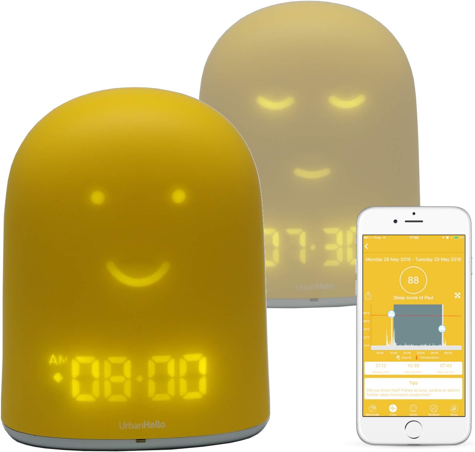 UrbanHello Remi - Alarm Clock Day Night Educational and Sleep Monitoring - Baby Monitor Audio with Noise Alarm 5 in 1 - Night Light - Speaker Bluetooth - Yellow