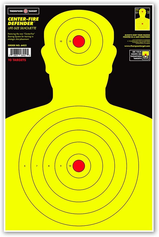 Thompson Target Life-Size Center-Fire Silhouette 12.5x19 Inch Ultra Bright Fluorescent Paper Shooting Targets for Rifle and Pistol Range Training, Made in The USA
