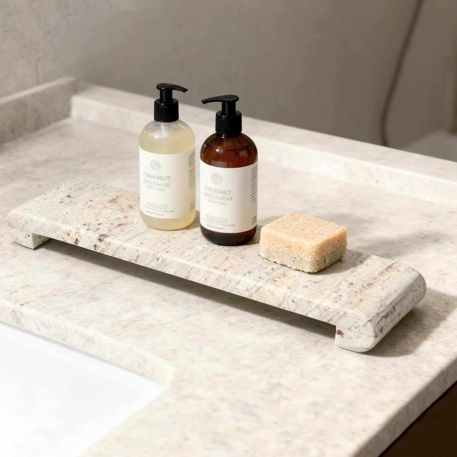 Natural Marble Pedestal Stand, Marble Tray for Kitchen Counter, Bathroom, Home Decor, Small Potted Plant Tray 4.02" x 15.98" Soap Dish Holder for Jewelry, Vanity, Counter Luxury Decorative Tray (River White)