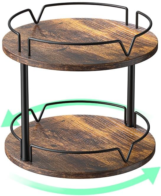 12" Wood Lazy Susan, Rotating Spice Rack, 2 Tier Spice Turntable Organizer, Industrial Turntable Spice Holder, for Kitchen Countertop and Cabinet, Compact and Versatile, Rustic Brown