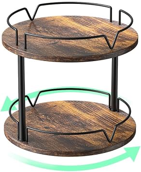 12" Wood Lazy Susan, Rotating Spice Rack, 2 Tier Spice Turntable Organizer, Industrial Turntable Spice Holder, for Kitchen Countertop and Cabinet, Compact and Versatile, Rustic Brown