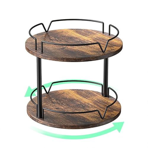 12" Wood Lazy Susan, Rotating Spice Rack, 2 Tier Spice Turntable Organizer, Industrial Turntable Spice Holder, for Kitchen Countertop and Cabinet, Compact and Versatile, Rustic Brown