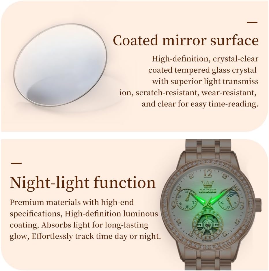 OLEVS Womens Mechanical Watch Diamond Tourbillon Elegant Dress Stainless Steel Waterproof 30M Luminous Ladies Watches Set Gift