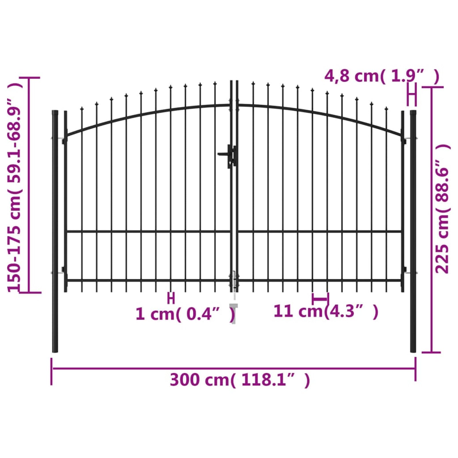ShGaxin Cancela de Valla Doble Puerta con Puntas, Puertas Metalicas Exterior, Puerta Jardin, Valla De Jardin, Puerta De Jardín, Acero Negro 3x1,75 m