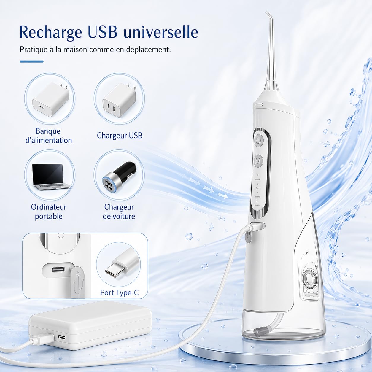 Oryzon Hydropulseur sans fil pour un soin dentaire & buccal optimal - Hydropulseur Dentaire Avec Réservoir 310 Ml, Jet Dentaire Portable IPX7, 4 Modes Et 4 Buses Pour Maison Et Voyage (Blanc)