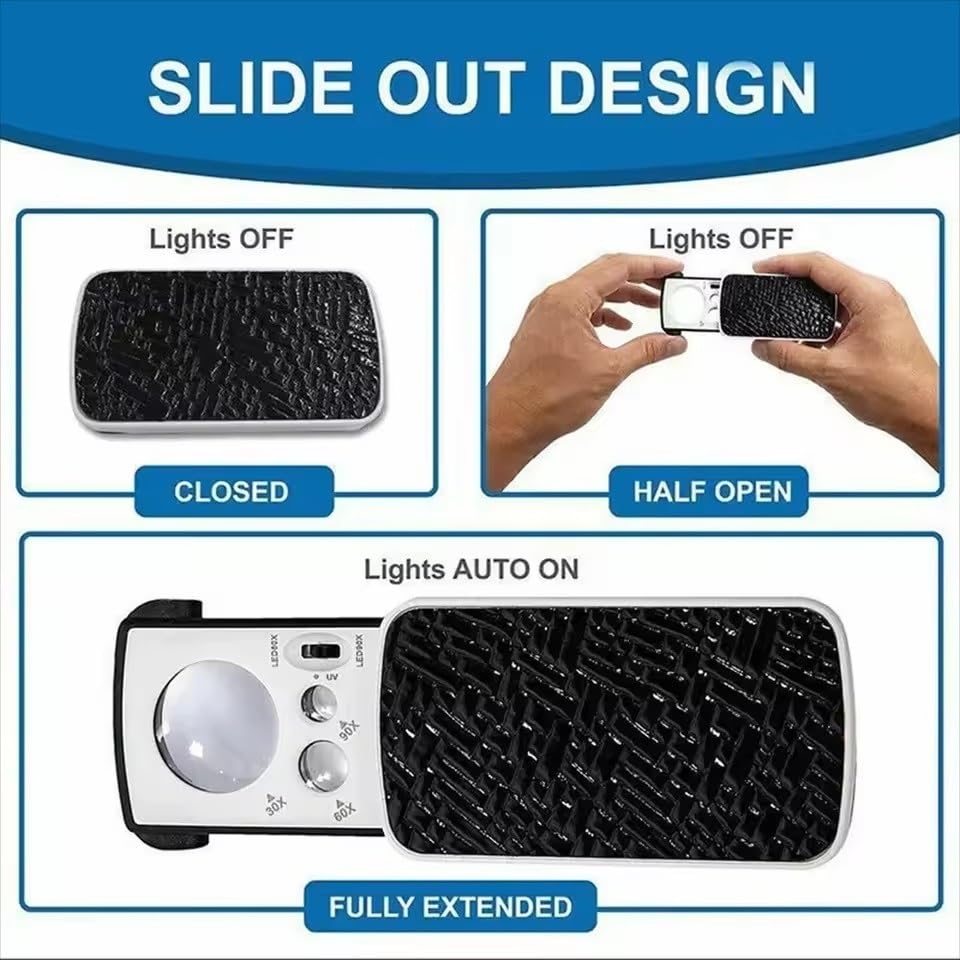 Lupa de aumento triple portátil 30X-90X-deslizante con luz LED