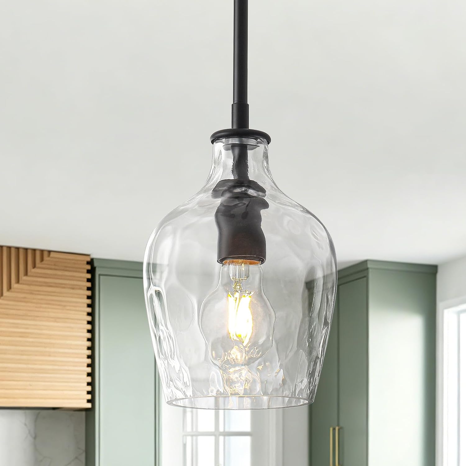Black Pendant Lights Kitchen Island 2 Pack, Modern Hammered Glass Kitchen Pendant Lighting Over Island, Adjustable Hanging Island Lights for Kitchen, Sink, Entryway