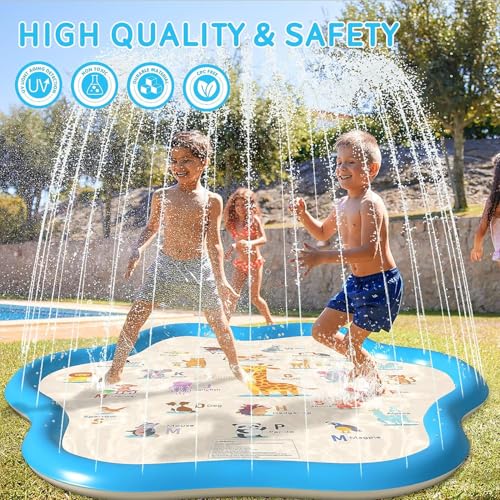 JONYJ Splash Pad, 77\" Sprinkler for Kids and Toddlers, Fun Backyard Sprinkler & Splash Play Mat for Learning, Outdoor Swimming Pool Inflatable Water Toys for 3-12 Age Girls Boys (Blue)