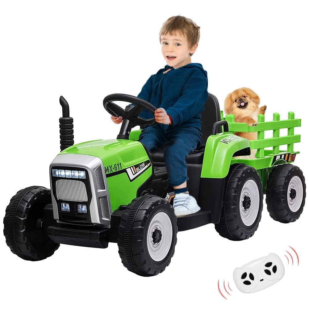 Garvee Tractor Electrico para Niños con Mando 2.4g, Remolque Desmontable,3 Velocidades Ajustable, LED, Música, Pedales, Inalámbrico,USB, Vehículo De Batería para Niños De 3 a 6 Años, Verde