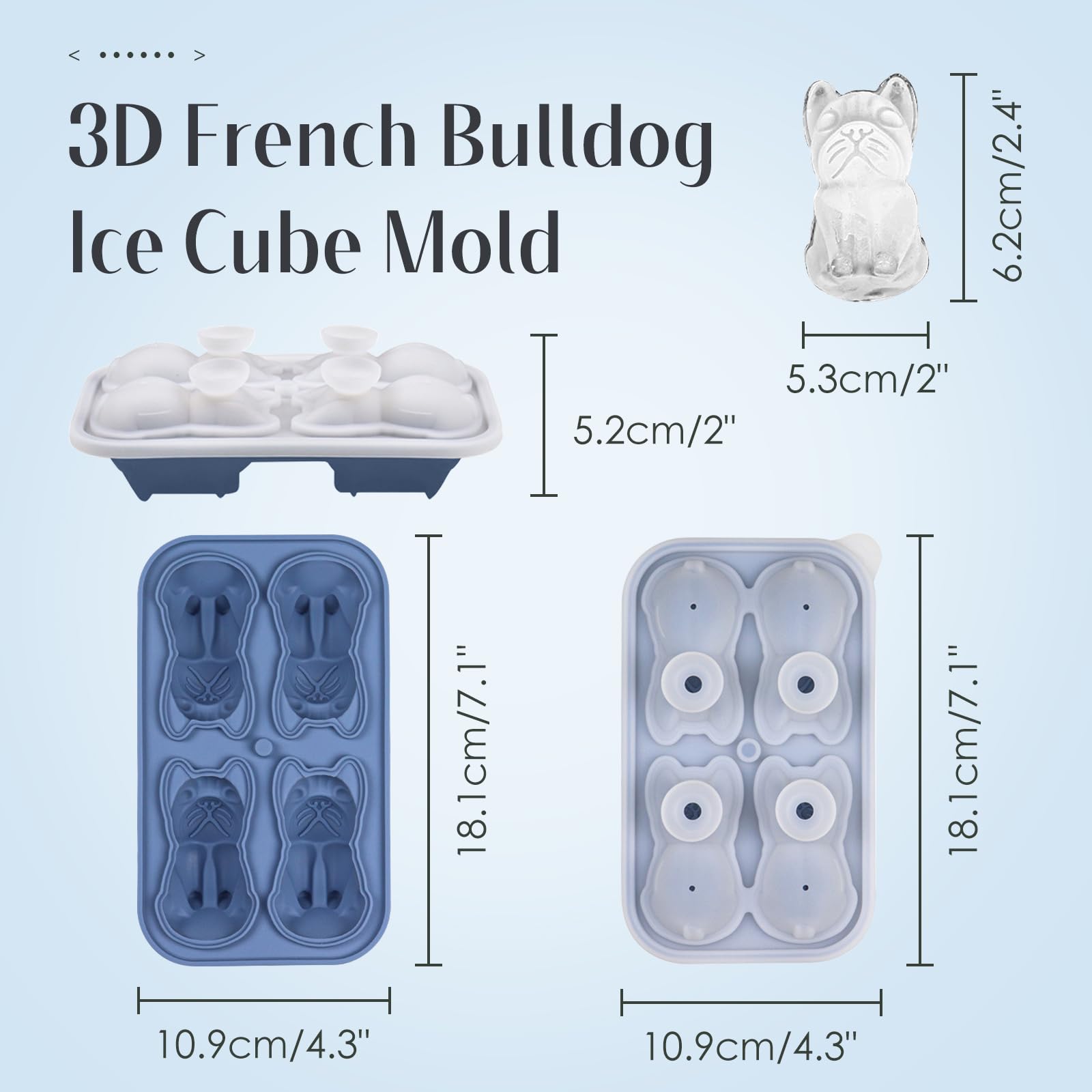 Silikonowa taca na kostki lodu 2 szt., 3D Bulldog francuski i kot zwierzęcy pojemnik na kostki lodu z pokrywką lejka do koktajli whisky, niebiesko-czarna
