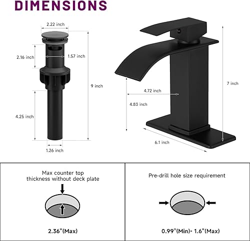 Miniatura 6 de Grifo de baño con cascada de una sola manija para lavabo de baño, grifo mezclador de acero inoxidable con placa de cubierta desmontable y tapón de