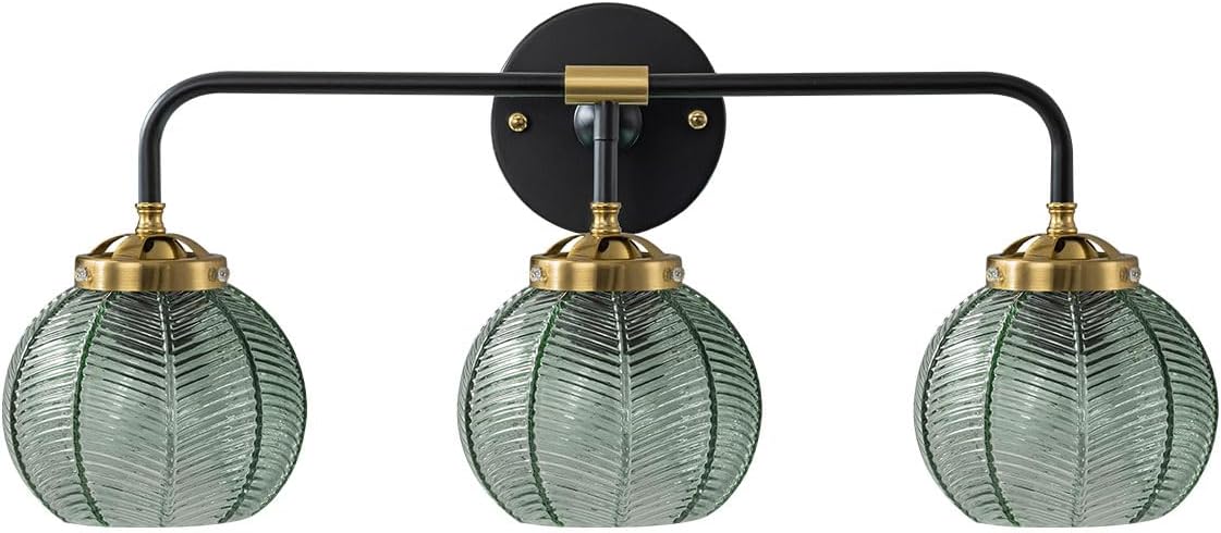 Black Wall Sconce 3 Light Bathroom Vanity Light Over Mirror, Vintage Wall lamp Green Glass Wall Sconce Light with Ribbed Glass Shade Bedroom Wall sconces for Bedroom Hallway Living Room