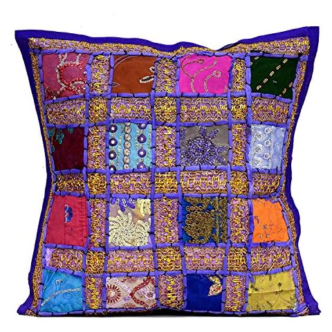 Sophia-Art Decorative Cushion Cover Cotton Patchwork Embroidered Sequin Beads Ethnic Flowers Leaves Geometric Square Scatter Floor Pillow Case Fits (Purple, 16" x 16") Cover
