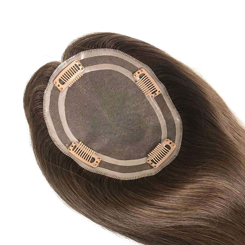 Damen Topper Haarteil mit Highlights, Braun-Blond Gesträhnt, Clip-In Echthaar Verlängerung (#2, 12”)
